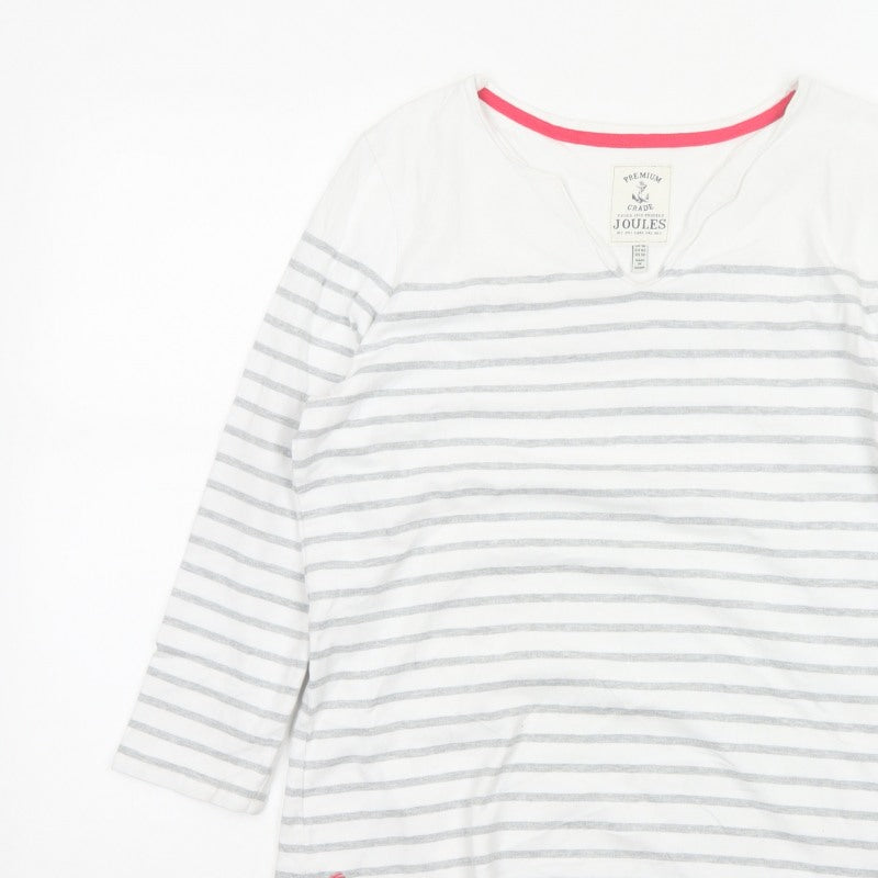 Joules Women White Grey Striped Ringer V-Neck Top Size 14