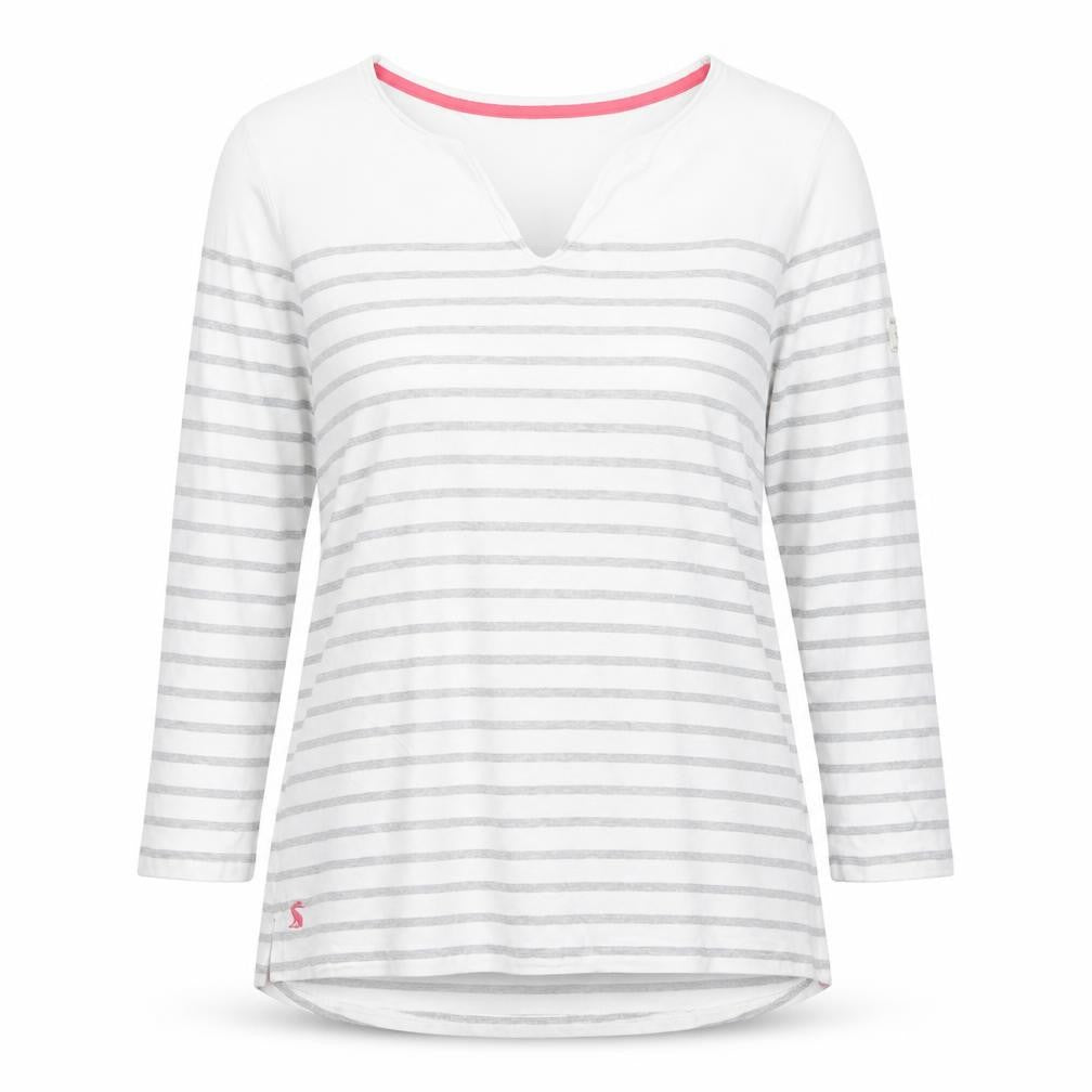 Joules Women White Grey Striped Ringer V-Neck Top Size 14