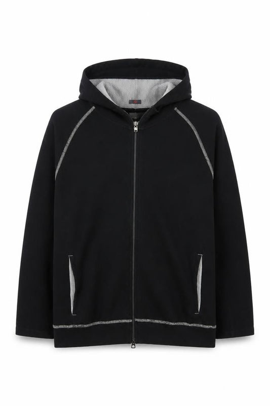 Hugo Boss Men Black L Full Zip Hooded Cotton Angora Blend Hoodie
