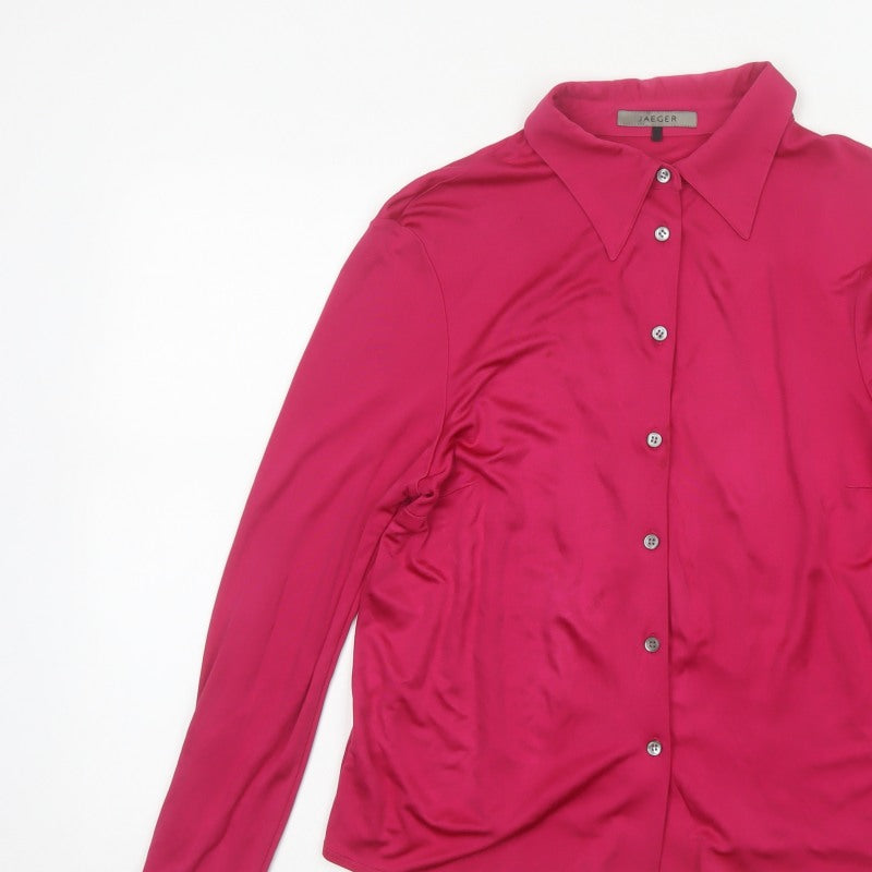 Jaeger Women Pink M Silk Button-Up Collared Long Sleeve Blouse