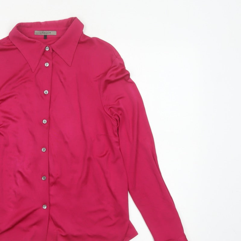 Jaeger Women Pink M Silk Button-Up Collared Long Sleeve Blouse