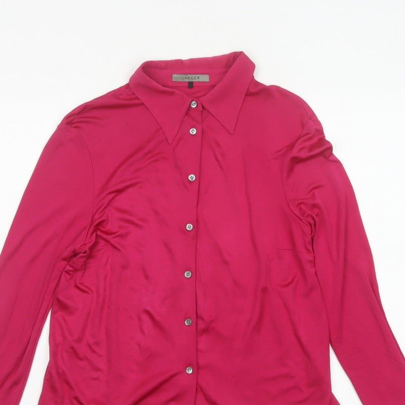 Jaeger Women Pink M Silk Button-Up Collared Long Sleeve Blouse