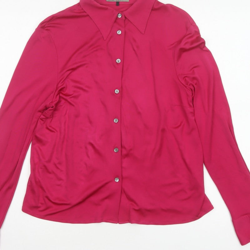 Jaeger Women Pink M Silk Button-Up Collared Long Sleeve Blouse