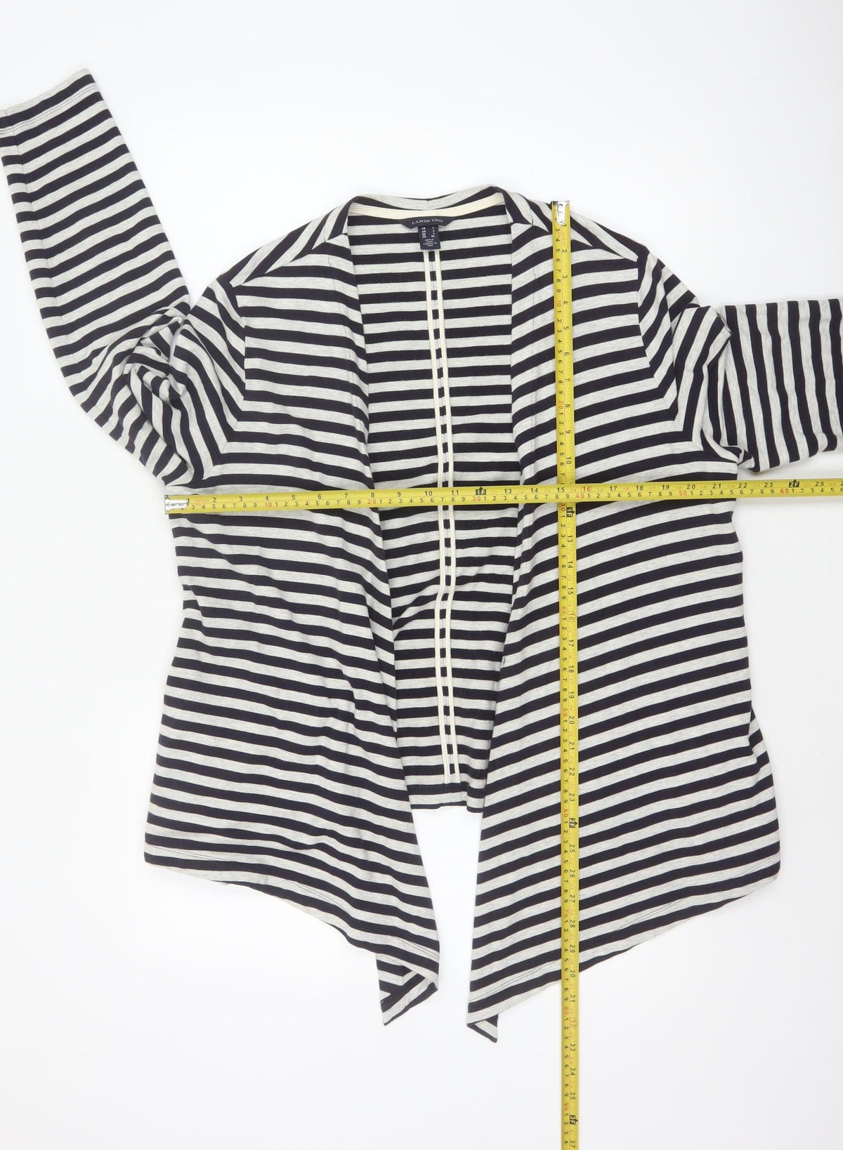 Lands' End Women’s Black White Stripe Open Jersey Jacket Size L