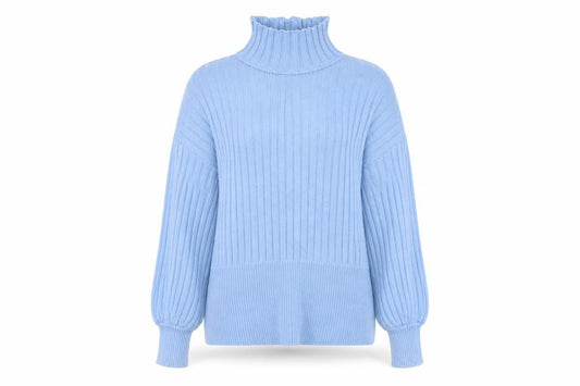 I Saw It First Women Blue L Rib Knit Roll Neck Balloon Sleeve Jumper