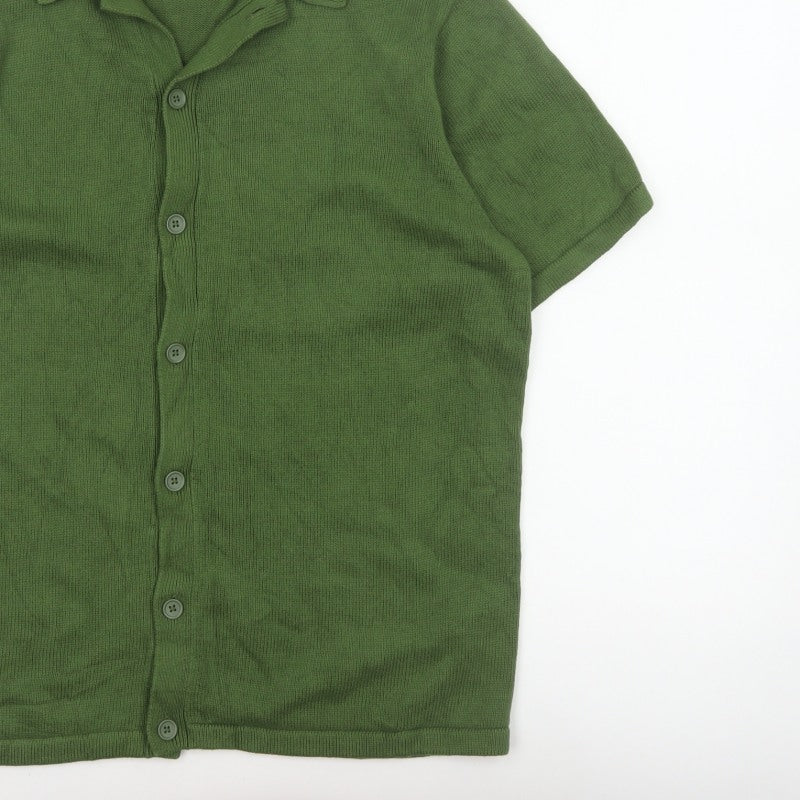 ASOS DESIGN Men Green L Short Sleeve Collared Cotton Button Cardigan