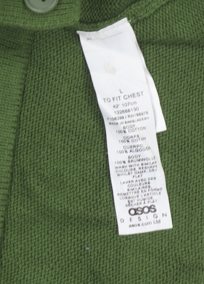 ASOS DESIGN Men Green L Short Sleeve Collared Cotton Button Cardigan