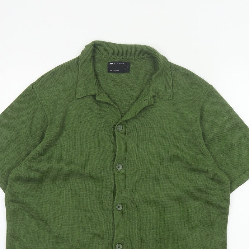 ASOS DESIGN Men Green L Short Sleeve Collared Cotton Button Cardigan