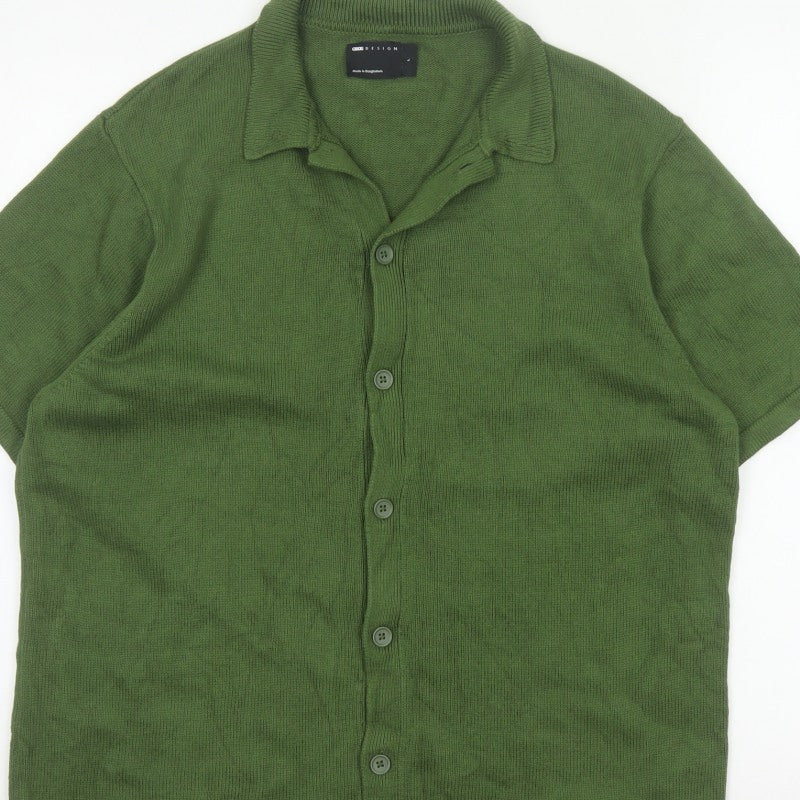 ASOS DESIGN Men Green L Short Sleeve Collared Cotton Button Cardigan