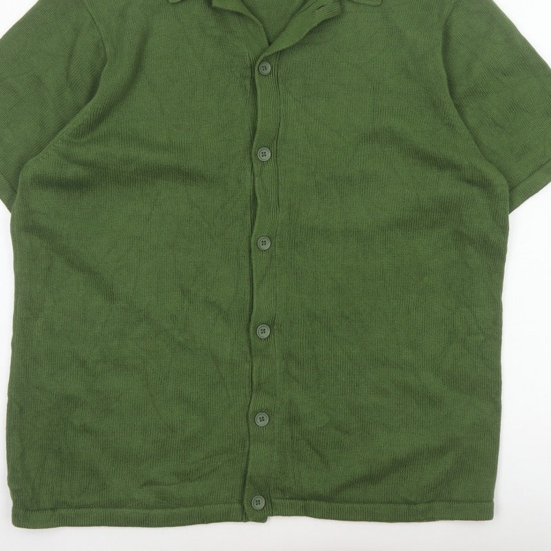 ASOS DESIGN Men Green L Short Sleeve Collared Cotton Button Cardigan