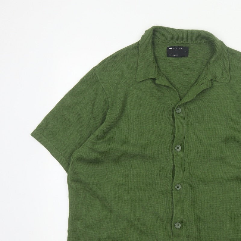 ASOS DESIGN Men Green L Short Sleeve Collared Cotton Button Cardigan