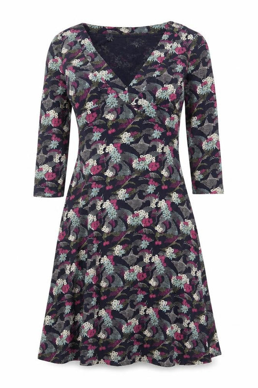 White Stuff Women's Blue Floral Wrap Midi Dress Size 10 3/4 Sleeve