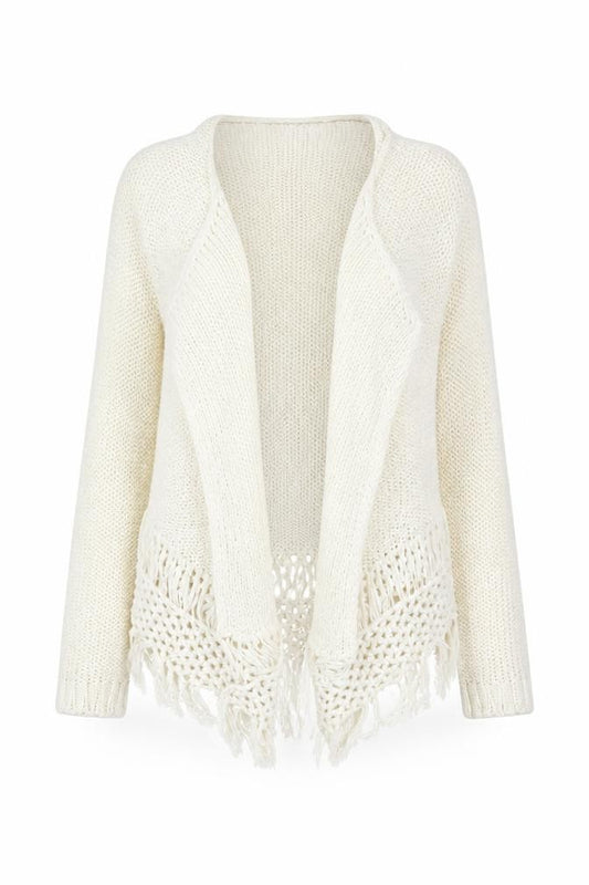 Select Women’s Ivory UK 6 Open Knit Fringe Cardigan Boho Long Sleeve