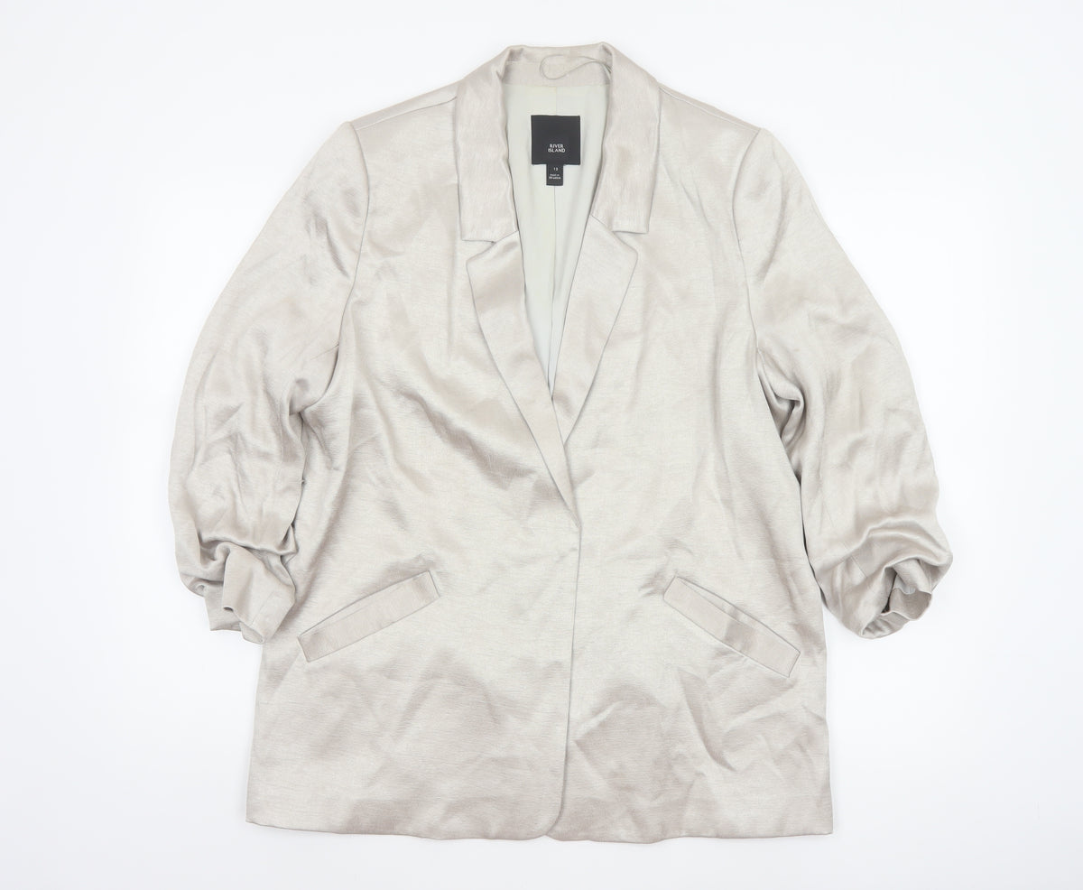 River Island Women Beige Size 12 Long Lined Notch Lapel Blazer