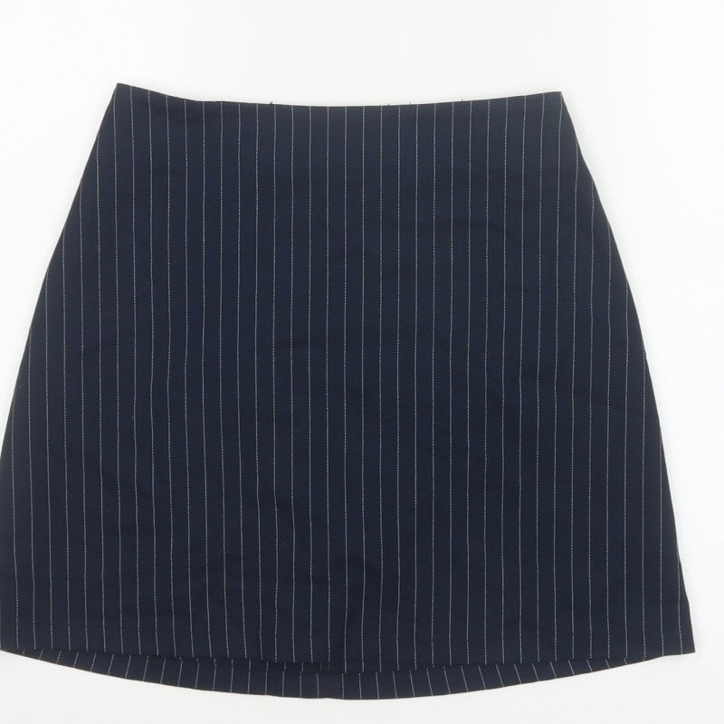 Monki Women Blue Pinstripe Size 8 Wrap Front Mini Lined Skort