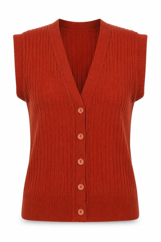 Wolsey Women Red UK 10 Ribbed V-Neck Sleeveless Button Cardigan Vintage