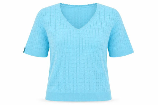 CC Women’s Blue M Knit V-Neck Short Sleeve Button Detail Top