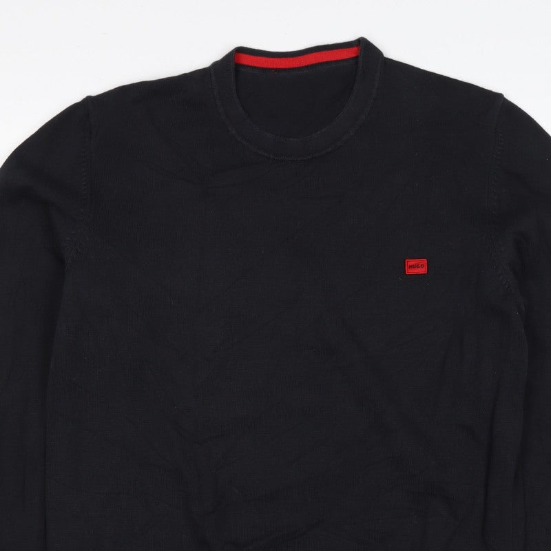 HUGO Men’s Black M Crew Neck Cotton Logo Knit Pullover Jumper