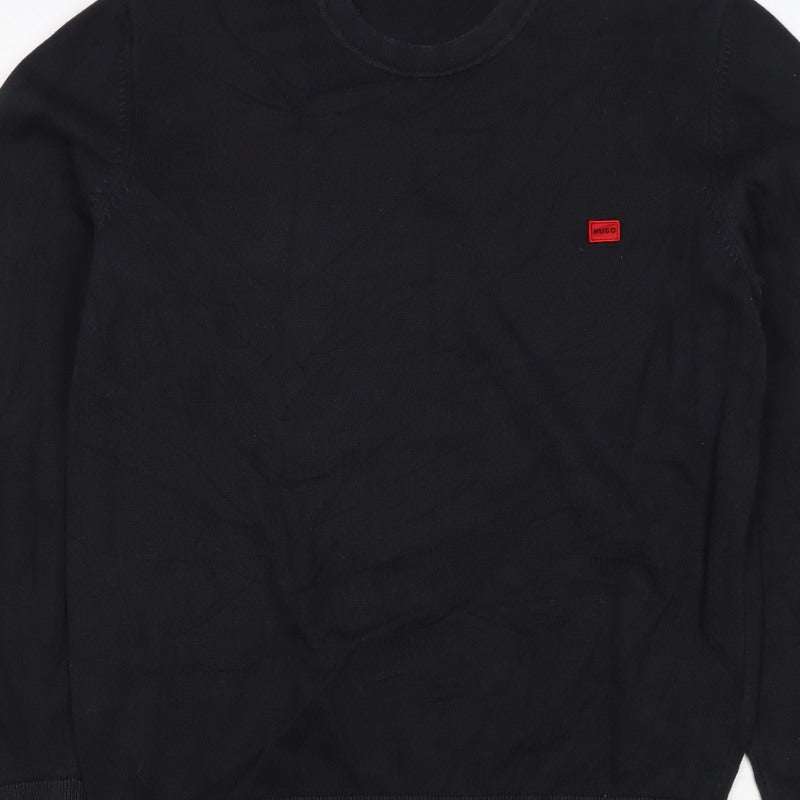 HUGO Men’s Black M Crew Neck Cotton Logo Knit Pullover Jumper