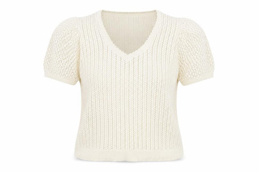 Fat Face Women Ivory UK 12 V-Neck Short Sleeve Open Knit Jumper