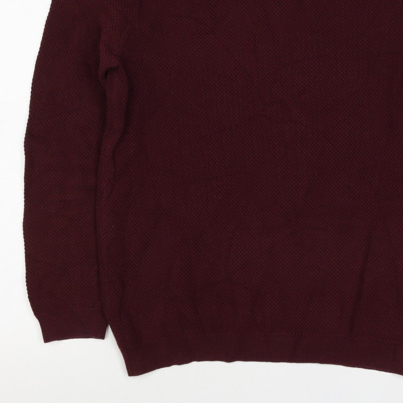 Reiss Men’s Burgundy M Waffle Knit Cotton Blend Crew Neck Pullover Jumper