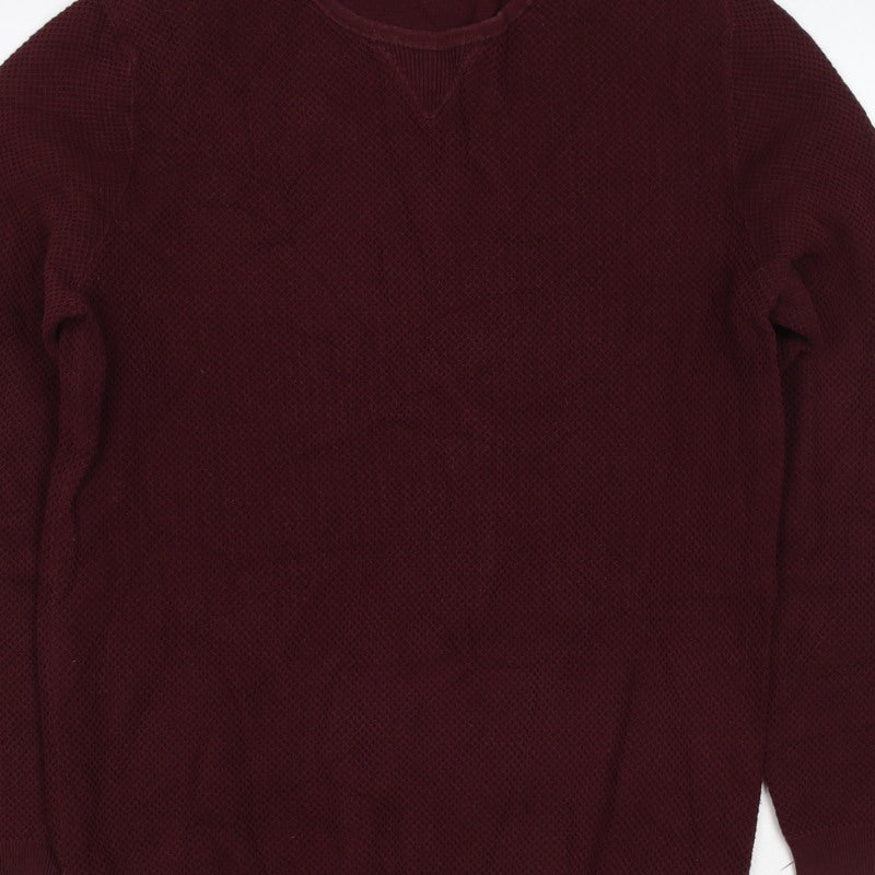 Reiss Men’s Burgundy M Waffle Knit Cotton Blend Crew Neck Pullover Jumper