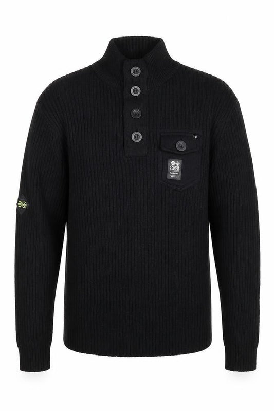 Crosshatch Men's Black M Button Henley Cable Knit Cotton Jumper