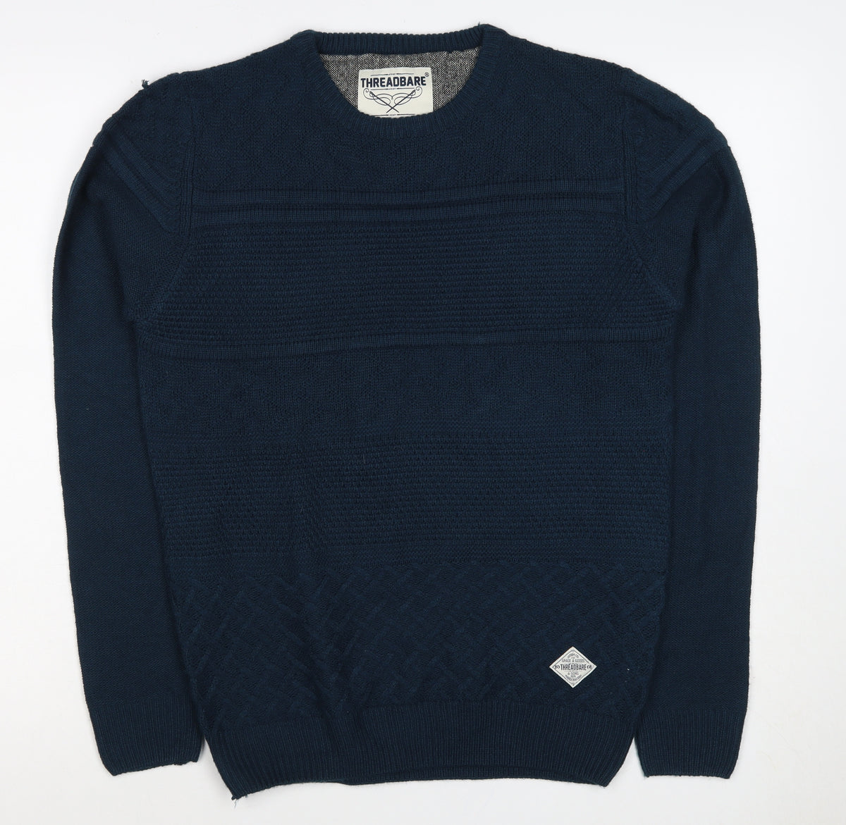 Threadbare Men’s Blue S Cable Knit Crew Neck Pullover Jumper