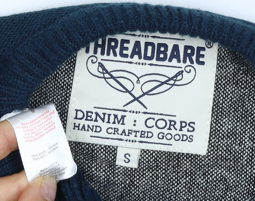 Threadbare Men’s Blue S Cable Knit Crew Neck Pullover Jumper