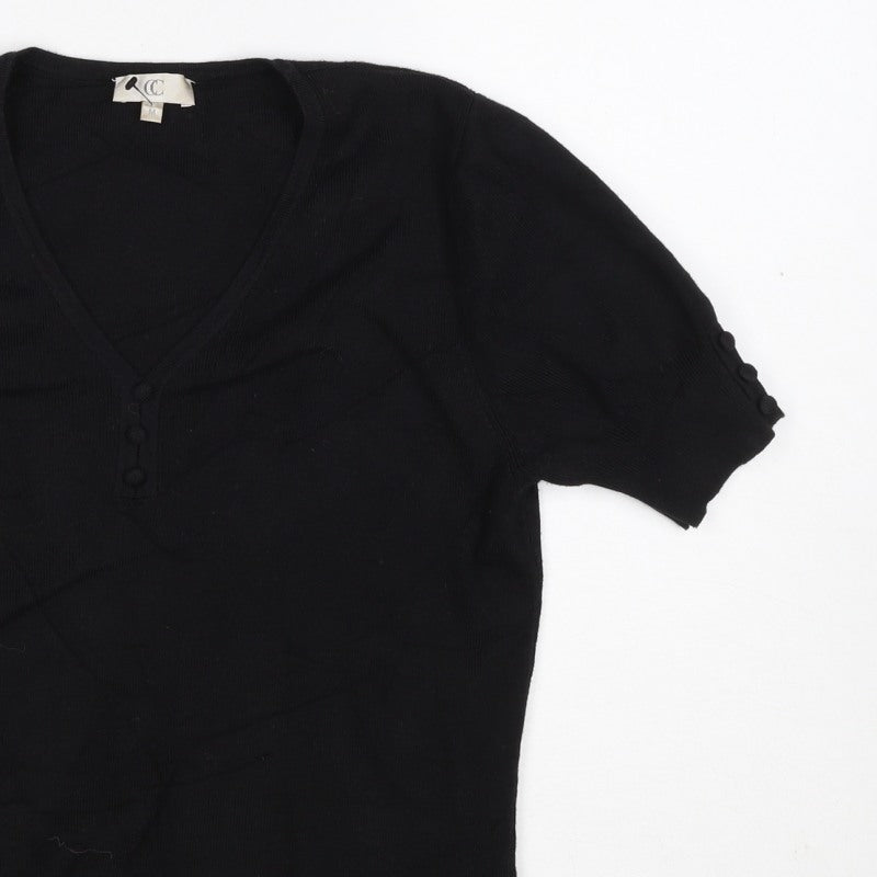 CC Women’s Black M V-Neck Puff Sleeve Knit Button Blouse