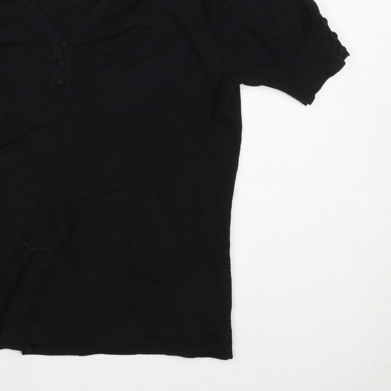 CC Women’s Black M V-Neck Puff Sleeve Knit Button Blouse