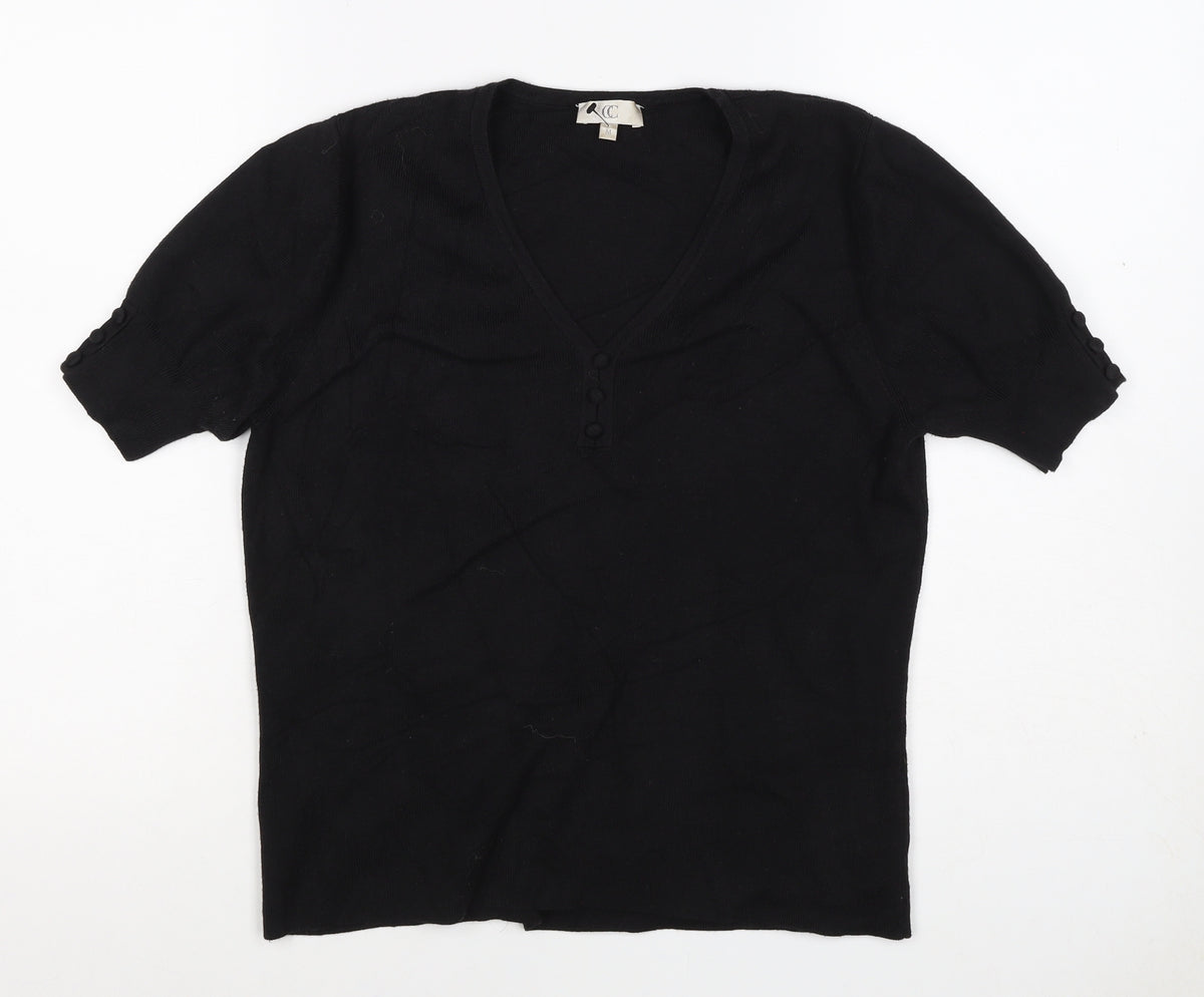 CC Women’s Black M V-Neck Puff Sleeve Knit Button Blouse