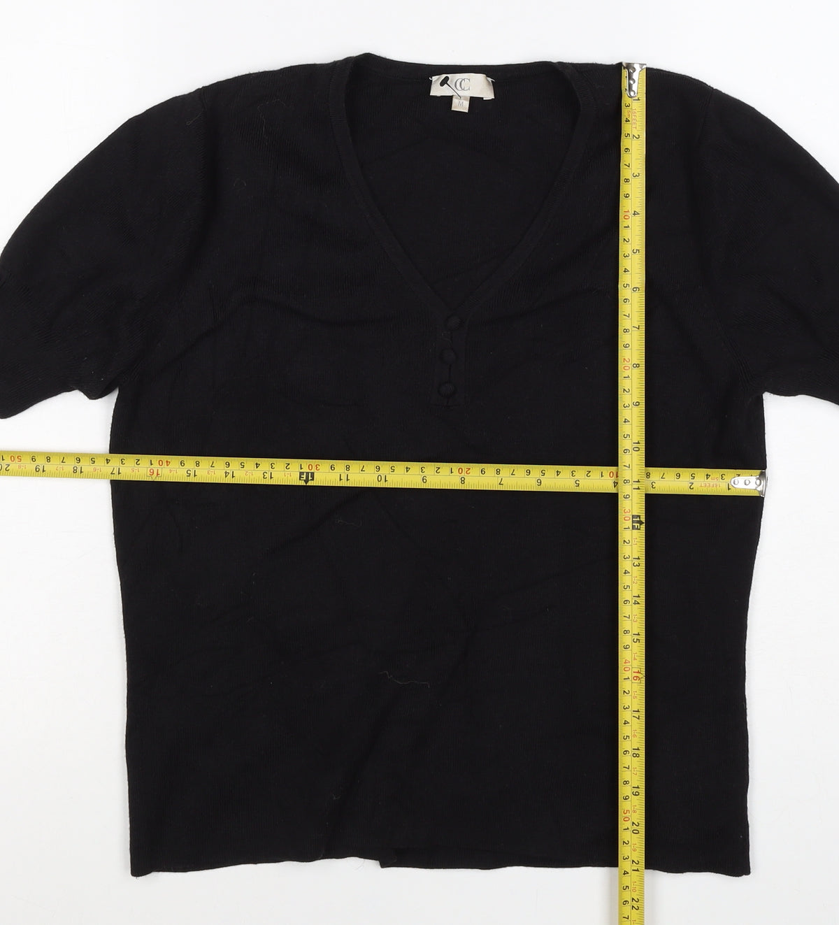 CC Women’s Black M V-Neck Puff Sleeve Knit Button Blouse