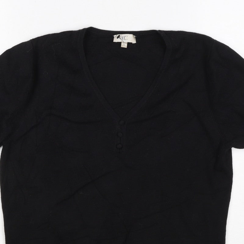 CC Women’s Black M V-Neck Puff Sleeve Knit Button Blouse