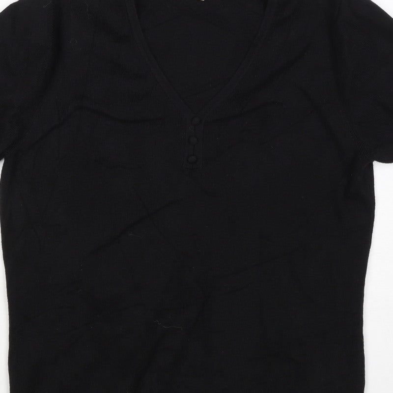 CC Women’s Black M V-Neck Puff Sleeve Knit Button Blouse