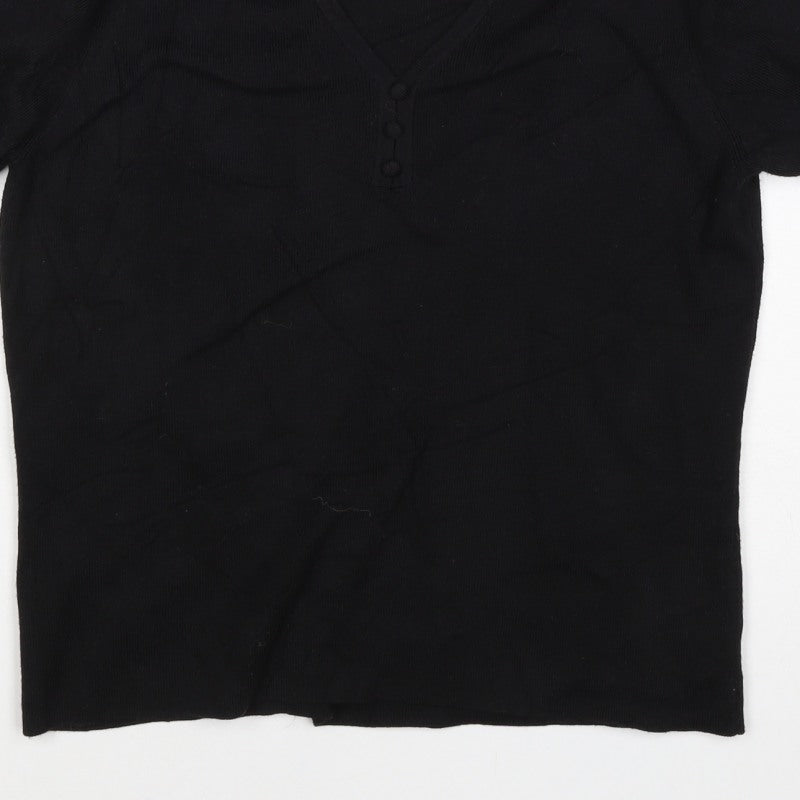 CC Women’s Black M V-Neck Puff Sleeve Knit Button Blouse
