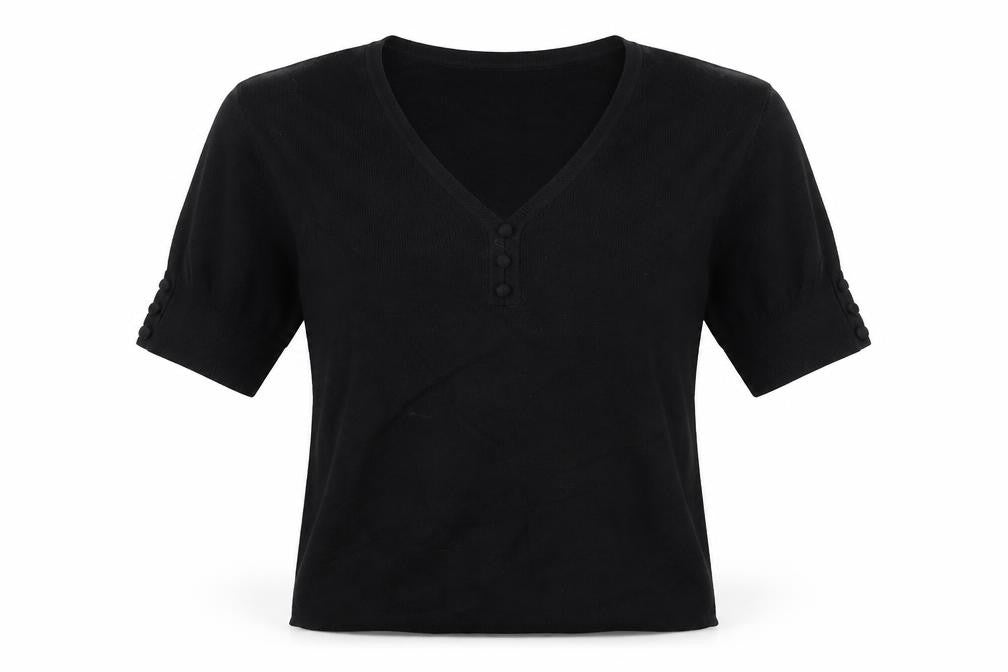 CC Women’s Black M V-Neck Puff Sleeve Knit Button Blouse
