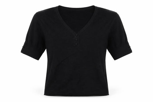 CC Women’s Black M V-Neck Puff Sleeve Knit Button Blouse