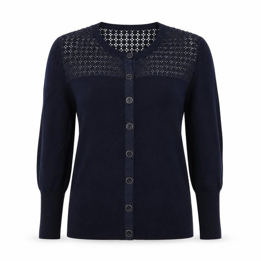 Jasper Conran Women Blue Size 14 Lace Yoke Button Knit Cardigan