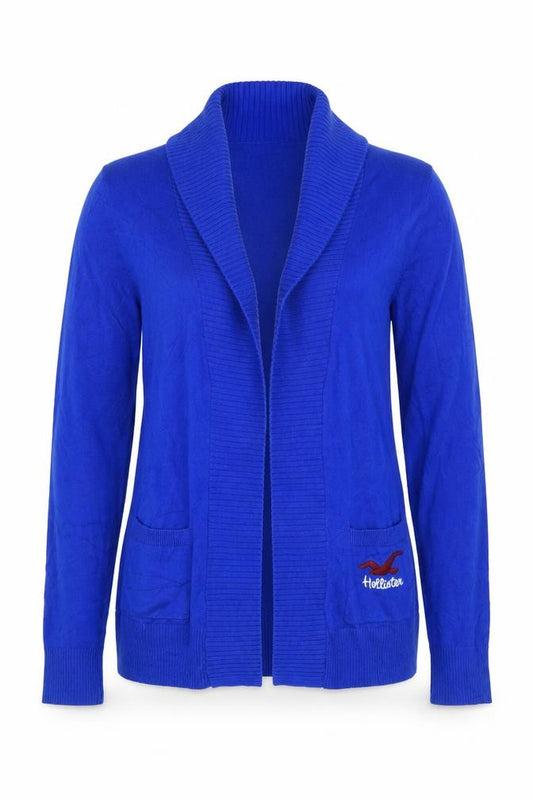 Hollister Women Blue M Open Cardigan Shawl Collar Logo Pockets