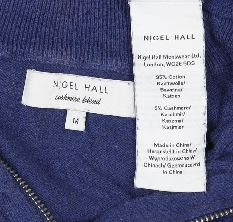Nigel Hall Men's Blue M Cable Knit 1/4 Zip Cashmere Blend Jumper