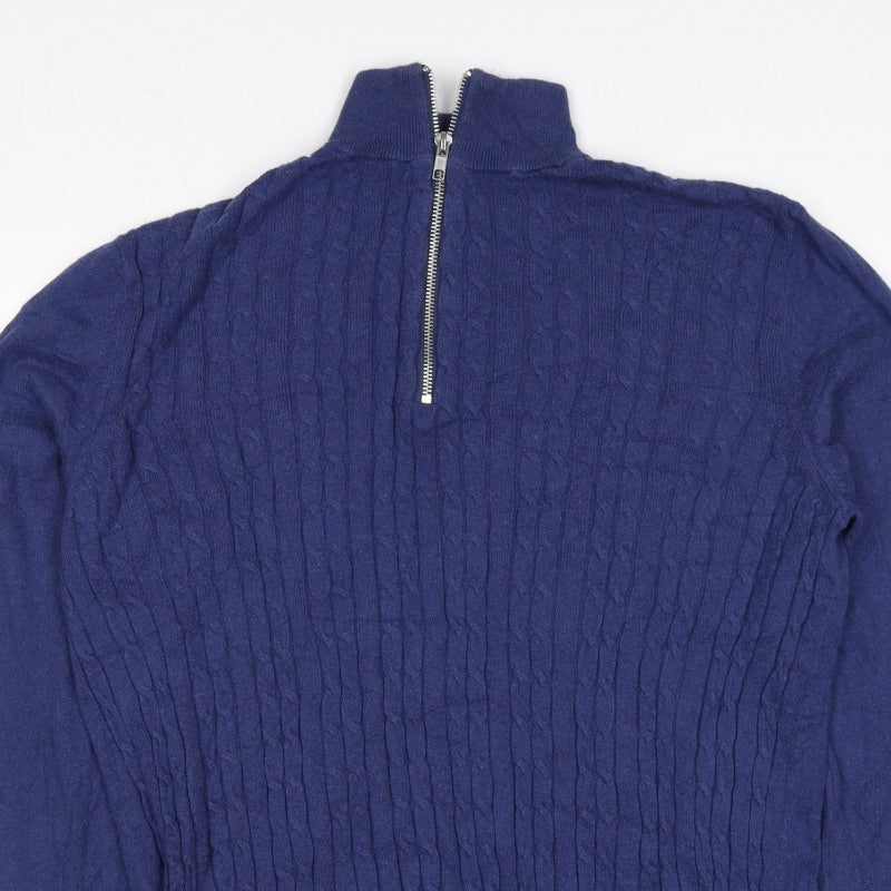 Nigel Hall Men's Blue M Cable Knit 1/4 Zip Cashmere Blend Jumper