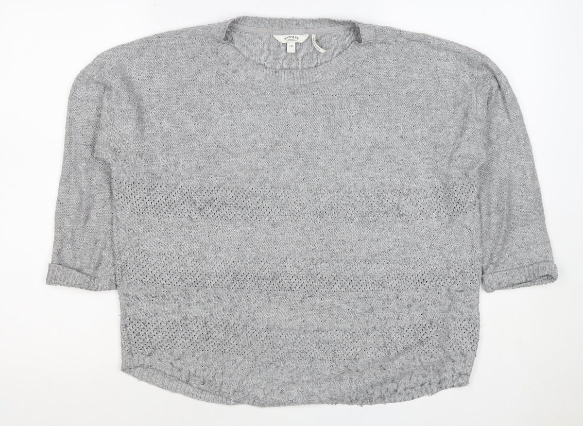 FatFace Women’s Grey Size 14 Wool Blend Open Knit Crew Neck Jumper