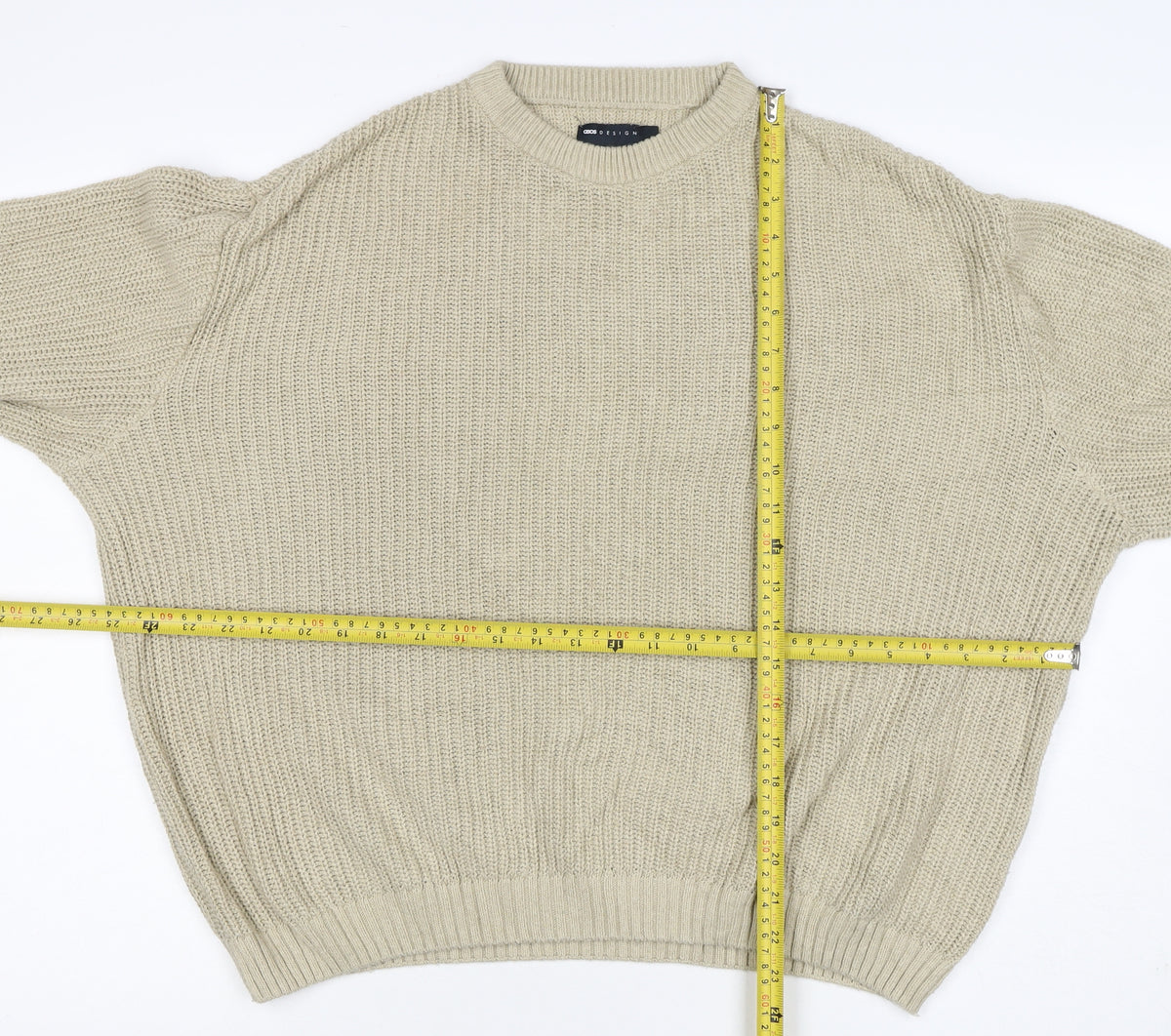 ASOS Design Men Beige XS Chunky Knit Crew Neck Pullover Jumper