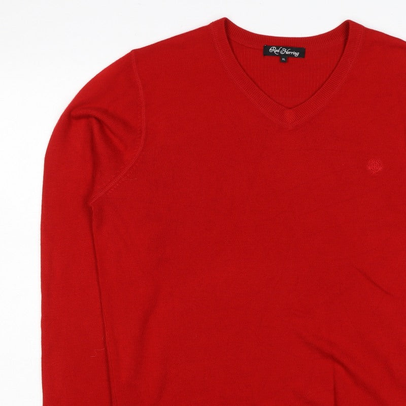 Red Herring Men’s Red XL V-Neck Pullover Jumper 100% Acrylic