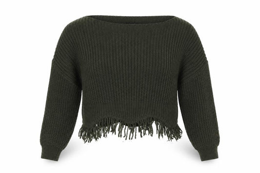 Quiz Women Green M Open Knit Fringe Shrug Cropped Long Sleeve