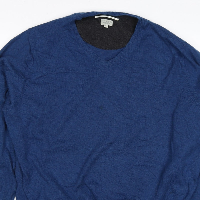 Racing Green Men’s Blue XL Cashmere Silk V-Neck Pullover Jumper