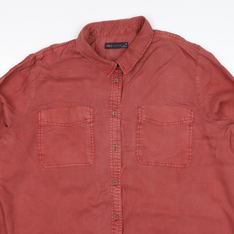 Marks & Spencer Women Red UK 18 Lyocell Button-Up Collared Shirt