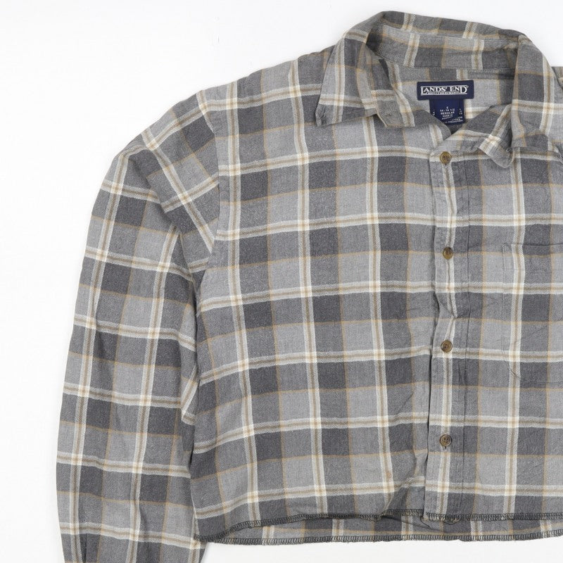 Lands' End Unisex Grey S Cropped Plaid Cotton Button-Up Shirt