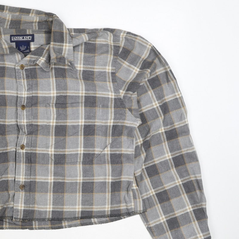 Lands' End Unisex Grey S Cropped Plaid Cotton Button-Up Shirt